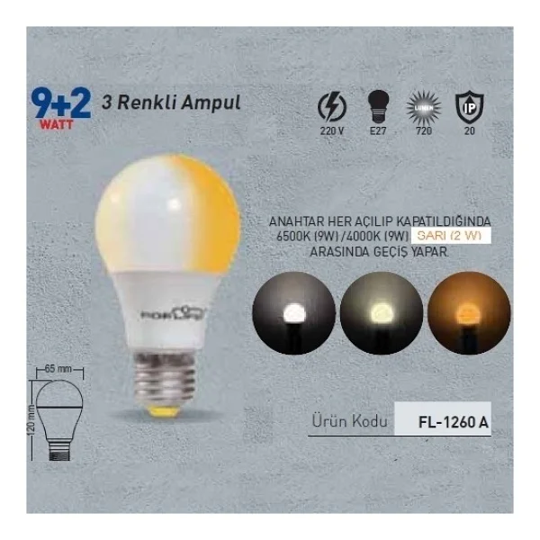 Forlife Renkli LED Ampül 3 Renk Beyaz-Mavi 9+2 Watt Fl-1260-Bm - Görsel 7