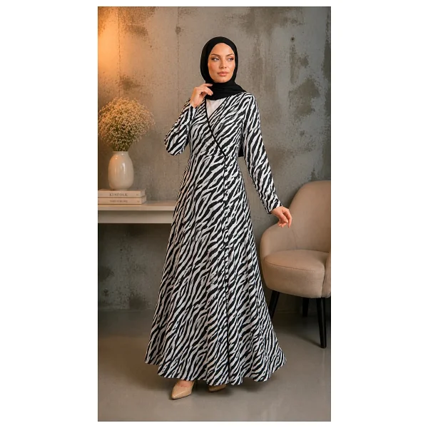 Defka Yandan Bağlamalı Pamuklu Kadın Namaz Elbisesi - Açık Leopar - 2xl - Görsel 7