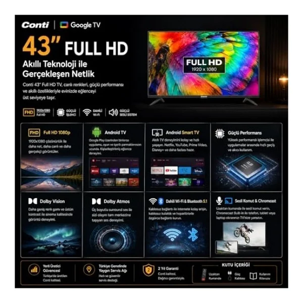 Conti Ct43an300f Full HD Frameless 43" 109 Ekran Uydu Alıcılı Android Smart LED TV - Görsel 4