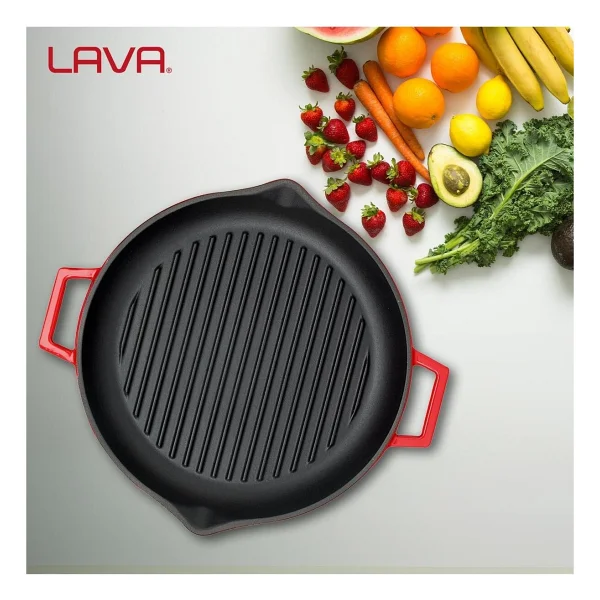 Lava Yekpare Çift Kulplu Kırmızı Yuvarlak Döküm Izgara Tava 30 cm - Görsel 2