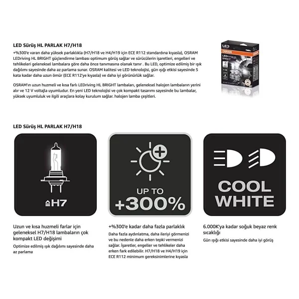 Osram H7 LED Xenon %300 Bright 4 Yıl Garantili 19w - 12v (2adet Far Için) - Görsel 3