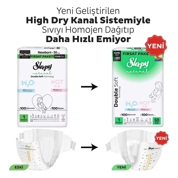 Sleepy Natural Double Soft 1 Numara Yenidoğan 50'li 4 Adet Bebek Bezi - Görsel 3