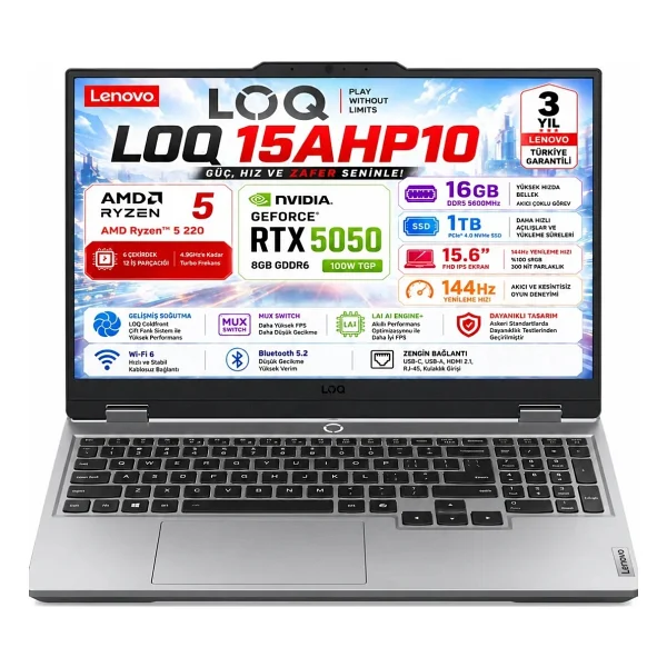 Lenovo Loq 15ahp10 AMD Ryzen 5 220 16gb 1tb SSD RTX 5050 8gb (100w) 15.6" FHD Ips Panel 144hz Freedos Taşınabilir Bilgisayar 83jg009ttr - 1 TB - 16 GB - Görsel 9
