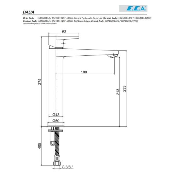E.C.A. Dalia 102188114 Yüksek Tip Lavabo Bataryası - Görsel 5