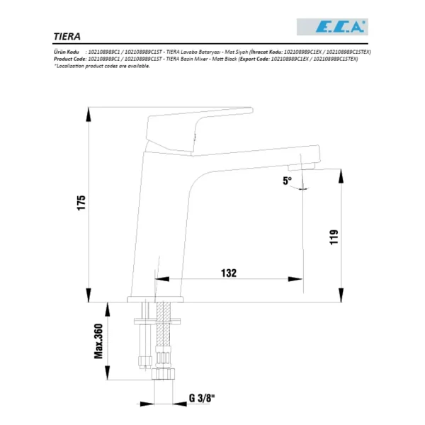 E.C.A. Tiera 102108989c1 Mat Siyah Lavabo Bataryası - Görsel 4