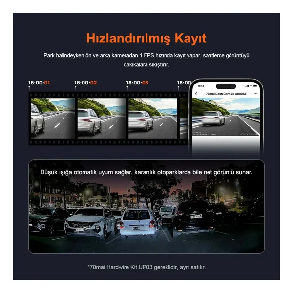 70maı Yükseltilmiş Araç Kamerası A800se, 4K Ultra HD Çözünürlük, Süper Gece Görüşü, Süper Kapasitör, Geliştirilmiş Ön Bellekli Acil Kayıt, 5 Modlu Adas, Daha Hızlı Wi-Fi 6 Araç Kamerası, Sesli Kontrol - Görsel 8