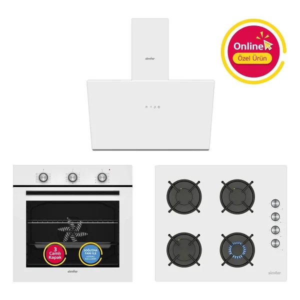 Simfer Ankastre Set Beyaz Mekanik Power Turbo Fanlı Cam Ocaklı 3'lü Set (Fırın + Ocak + Davlumbaz) - Görsel 10