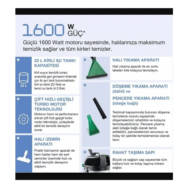 Fakir 1600WAAT Yüksek Performanslı Islak & Kuru Halı Koltuk Süpürme ve Yıkama Makinesi + 2litre Şampuan - Gri - Görsel 7