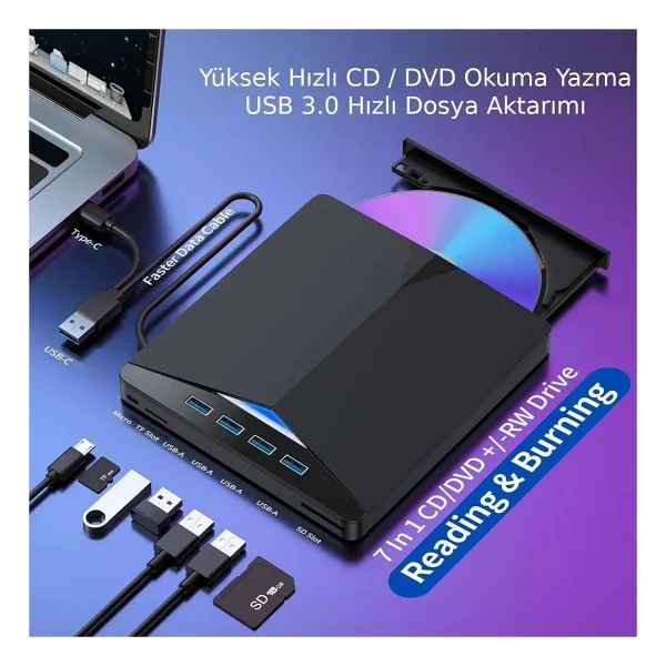 Valkyrie Harici CD DVD Rom Yazıcı Okuyucu USB 3.0 Hub Çoğaltıcı Tf Sd Kart Okuyucu 7in1 - Siyah - Görsel 7