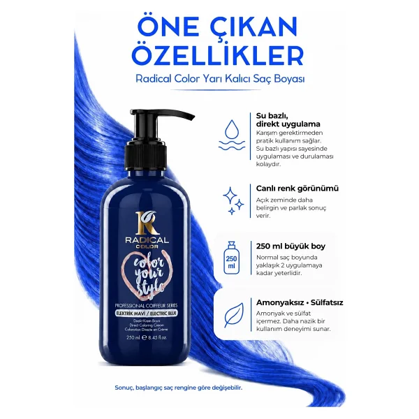 Radical Color Su Bazlı Saç Boyası 250 ml Elektrik Mavi - Görsel 2