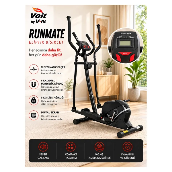 V-Fit By Voit Runmate Manyetik Eliptik Bisiklet Sessiz Çalışan, Elden Nabız Ölçerli - Selesiz - Görsel 2