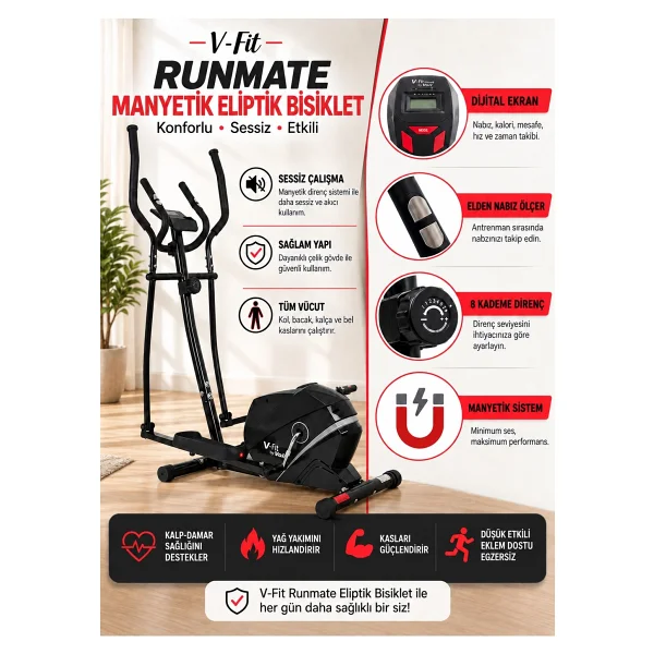V-Fit By Voit Runmate Manyetik Eliptik Bisiklet Sessiz Çalışan, Elden Nabız Ölçerli - Selesiz - Görsel 4