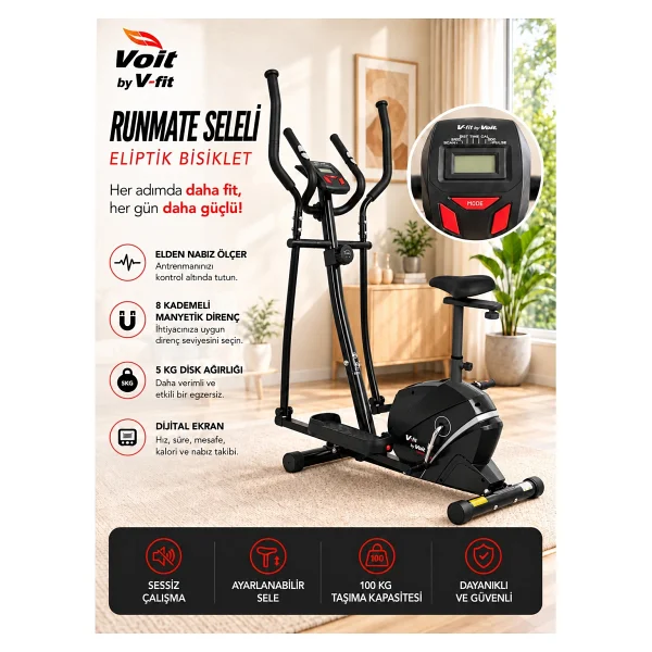 V-Fit By Voit Runmate Manyetik Eliptik Bisiklet Sessiz Çalışan, Elden Nabız Ölçerli - Selesiz - Görsel 7