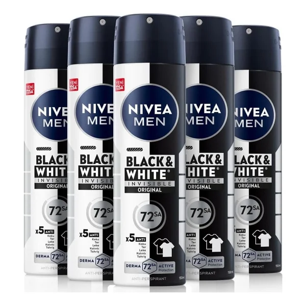 NIVEA MEN Erkek Sprey Deodorant Black & White Invisible Original 150ml, 72 Saat Anti-Perspirant, X5 Adet - Görsel 7