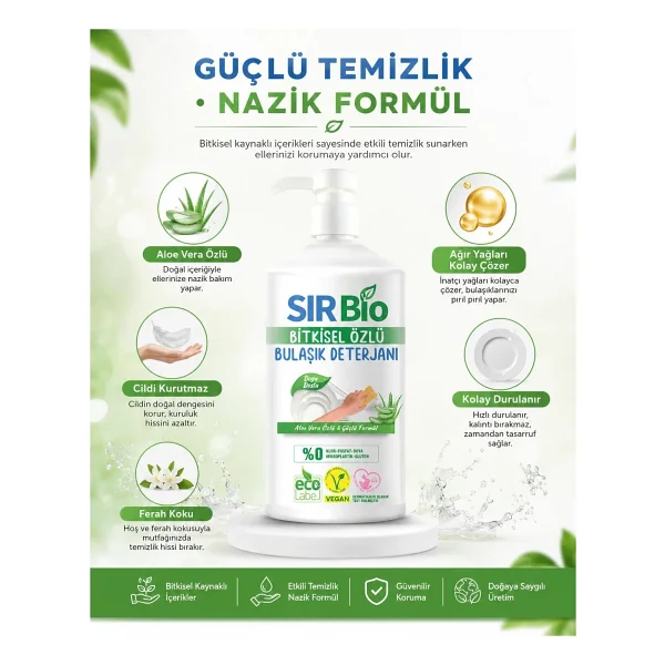 Sır Bio 2 Adet Bitkisel Özlü Elde Bulaşık Deterjanı Pompalı Şişe 1000 ml x 2 Aloe Vera İçerikli - Görsel 2