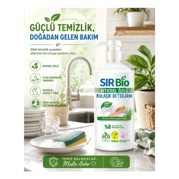 Sır Bio 2 Adet Bitkisel Özlü Elde Bulaşık Deterjanı Pompalı Şişe 1000 ml x 2 Aloe Vera İçerikli - Görsel 6