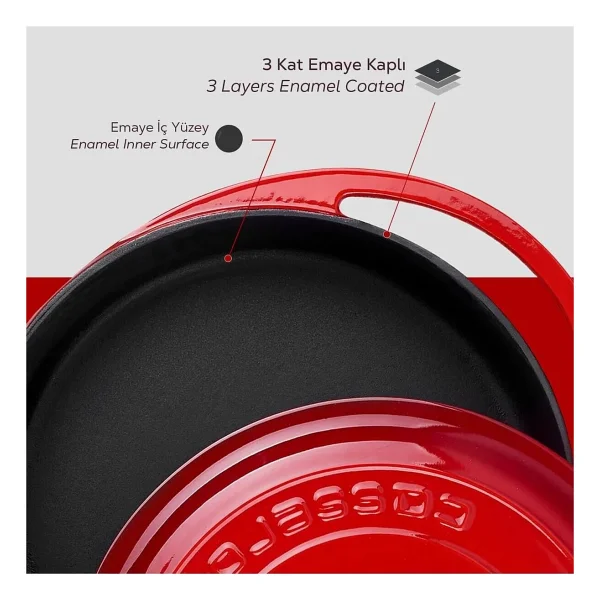 Lava New Heritage Kırmızı 28 Cm Basık Döküm Tencere - Görsel 7