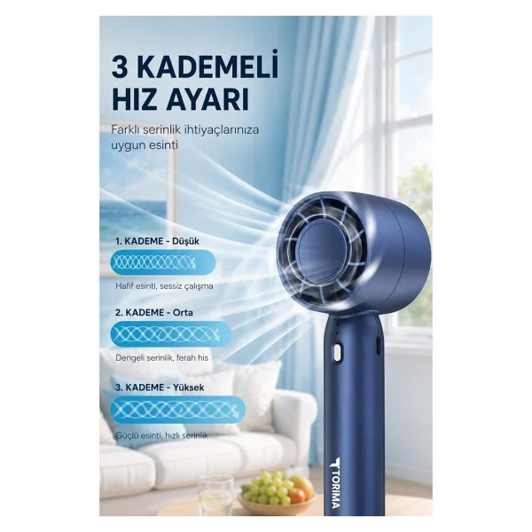 Torima F32 Lacivert Şarjlı El Tipi Vantilatör - Görsel 2