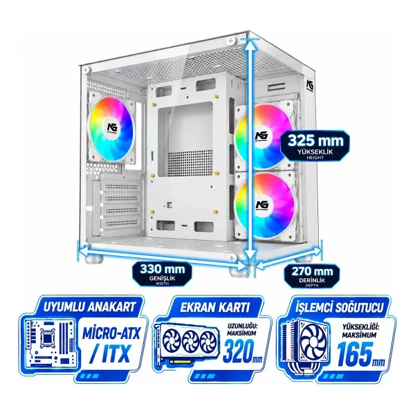 Next Gaming Orion Cube 3X RGB Fanlı Beyaz Micro ATX Oyuncu Kasası - Görsel 3