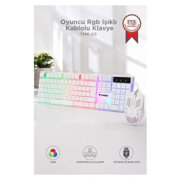 Torima TMK-03 Beyaz RGB Kablolu Oyuncu Klavye Mouse Seti - Görsel 9