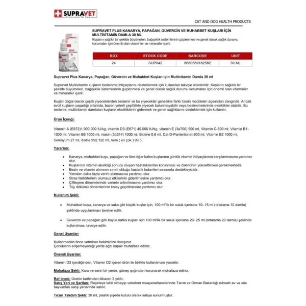 Supravet 30 ml Kuş Multivitamini - Görsel 2