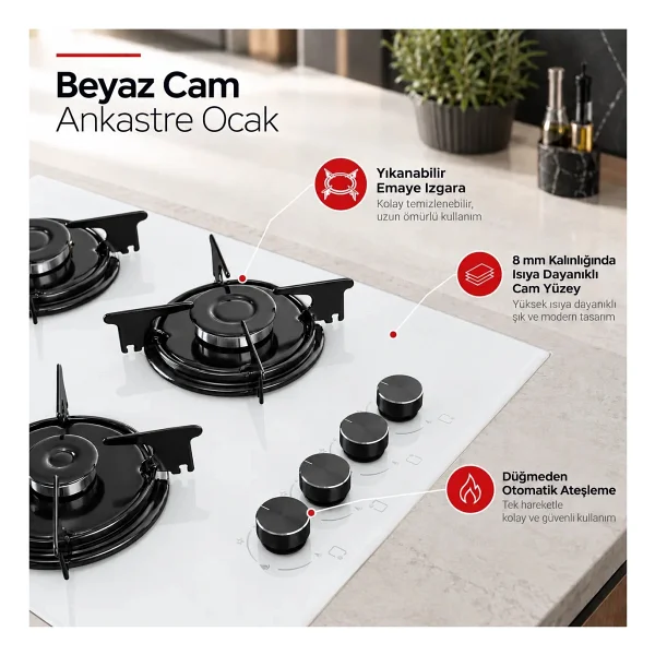 Luxell OC-88 Beyaz Cam Ankastre Ocak - Görsel 4