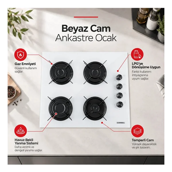 Luxell OC-88 Beyaz Cam Ankastre Ocak - Görsel 5