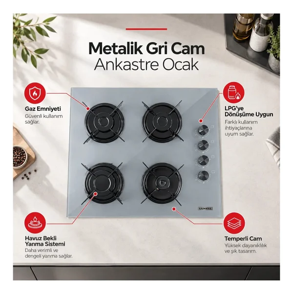 Luxell OC-88 Gri Cam Ankastre Ocak - Görsel 4
