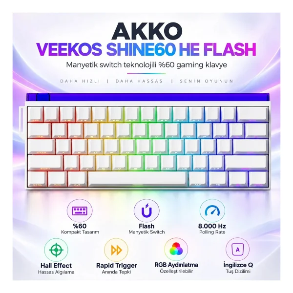 Akko Veekos SHINE60 HE RGB %60 TKL Flash Magnetic Switch Kablolu/Kablosuz Mekanik Oyuncu Klavyesi - Görsel 7