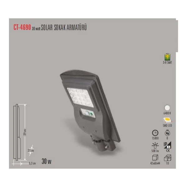 Cata Ct-4690 60 W Sensörlü Güneş Enerjili Sokak Armatürü - Görsel 2