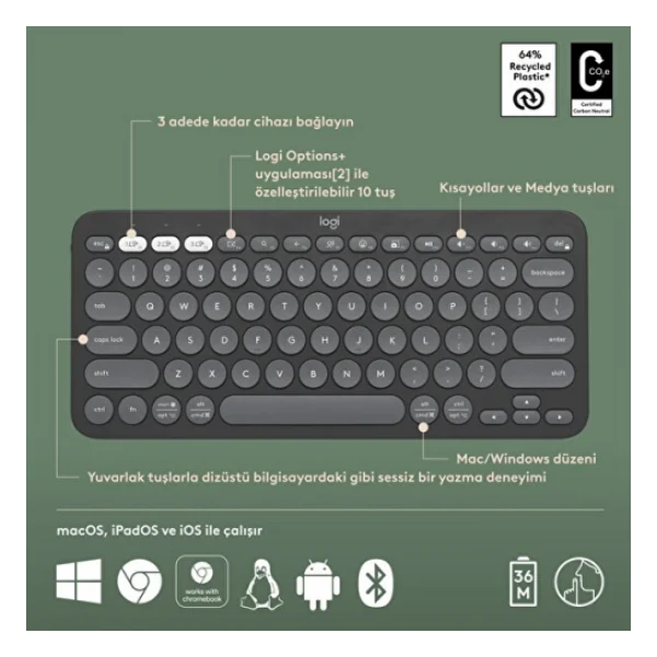 Logitech Pebble Keys 2 K380s 920-011859 Siyah Tkl Q Kablosuz Klavye - Görsel 2