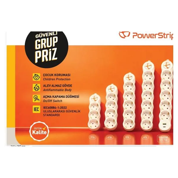 Tunçmatik TUNCMATIK POWERSTRIP4 4 lü 3m IEC 66884-1:2022 Standartı, FR(Alev Almaz)anahtarlı grup priz - Görsel 3