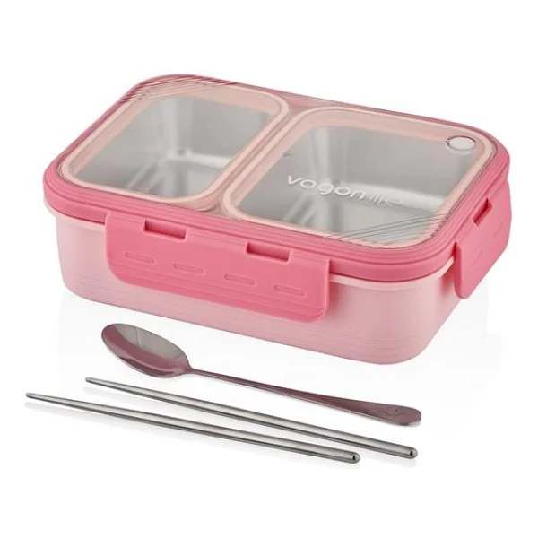 Vagonlife Vgn7096 Pembe Metal Kaşıklı 2 Bölmeli 700 Ml Çelik Yemek Kutusu - Görsel 3