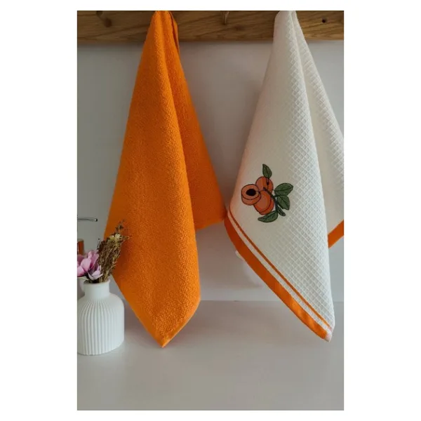 2'li Mutfak Havlusu -%100 Pamuk - Kayısı Nakışlı - 40X60 Cm-Turuncu - 40 x 60 cm