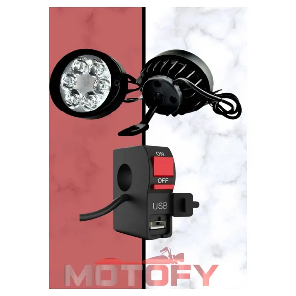 6 Ledli Ayna Bağlantılı Açı Ayarlı Ultra Güçlü Motosiklet Sis Farı Ve Gündüz Ledi + Usb Şarj Bağlantılı Aç Kapa Butonu Full Set