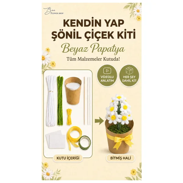 Bee Flower Shop Beyaz Papatya Şönil Çiçek Yapım Kiti - Kendin Yap Hobi Seti Dıy Çiçek Kiti