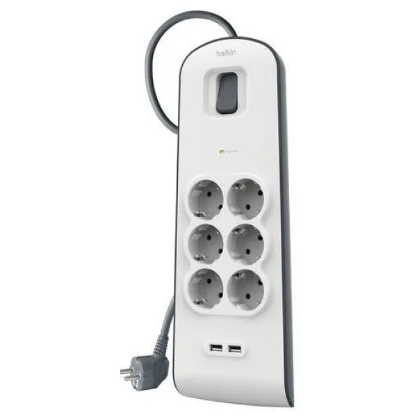 Belkin 6'lı Akım Korumalı Priz + 2x USB-A 2 m - Beyaz - 1 Adet