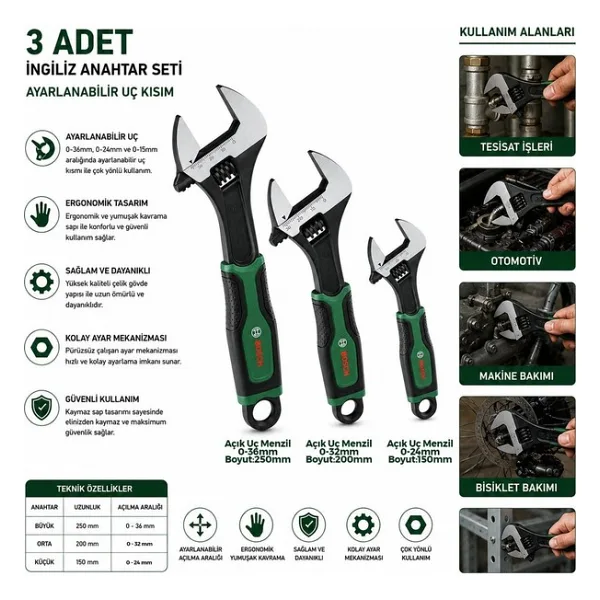 Bosch-1 600 A03 9hr Ingiliz Anahtar ve Kurbağacık Seti 150-200-250MM 3 Adet 6"-8"-10" 527