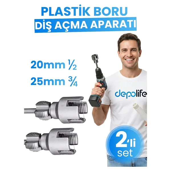 Depolife 2' li Set İç Dış Plastik Boru Diş Açma Seti 1/2 ve 3/4 İnç PVC Boru Pafta Klavuz 20mm 25mm PPRC