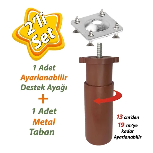 Destek Ayağı 13-19 Cm Kahverengi Ve Metal Düz Ayak Tabanı M8 Civatalı İnce Diş Mobilya Kanepe Baza Koltuk Seti