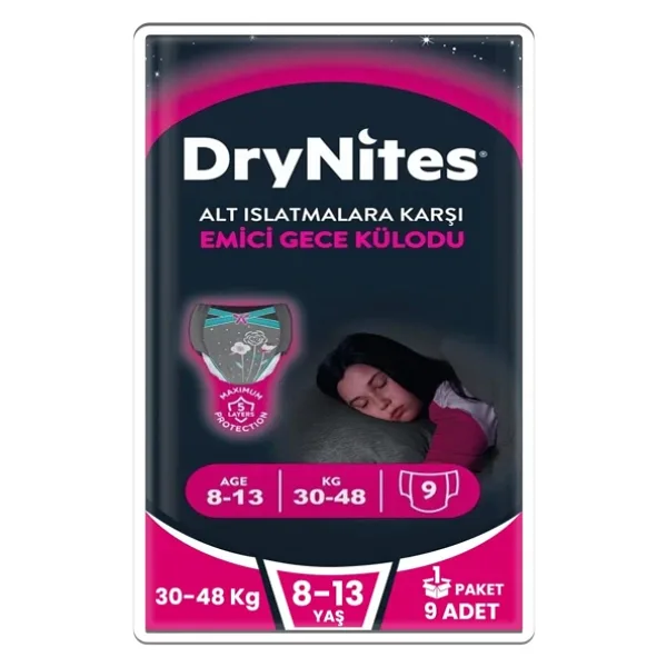 DryNites Emici Gece Külodu Kız 8-13 Yaş 30-48 kg 9'lu Hasta Bezi