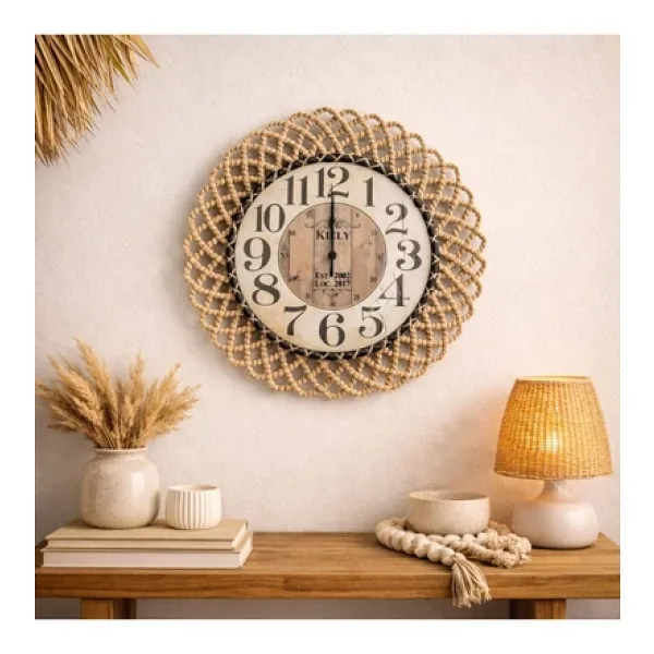 home inn Bohem Natural/Siyah İp Detaylı Duvar Saati - Modern Görünümlü Dekoratif Saat - 43 cm