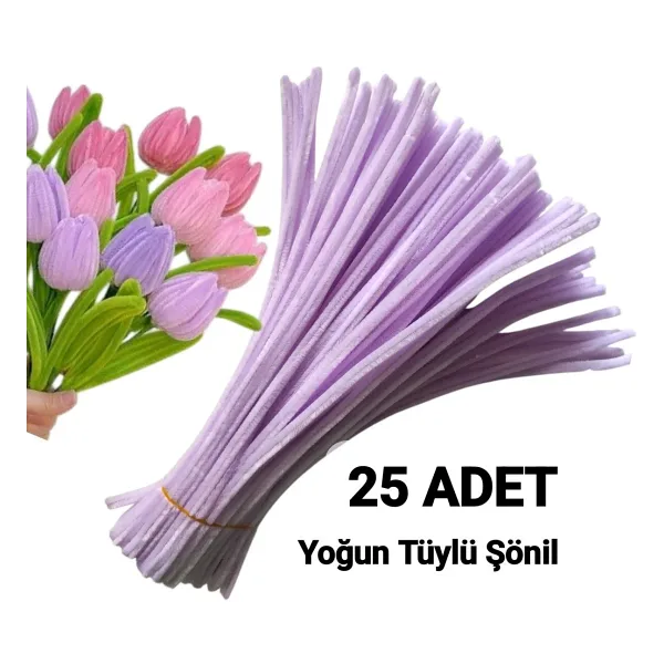 hyc heryerçiçeklenir 25 Adet Lila Şönil, Çiçek Yapımına Uygun Tüylü Tel, 30 cm 6 mm