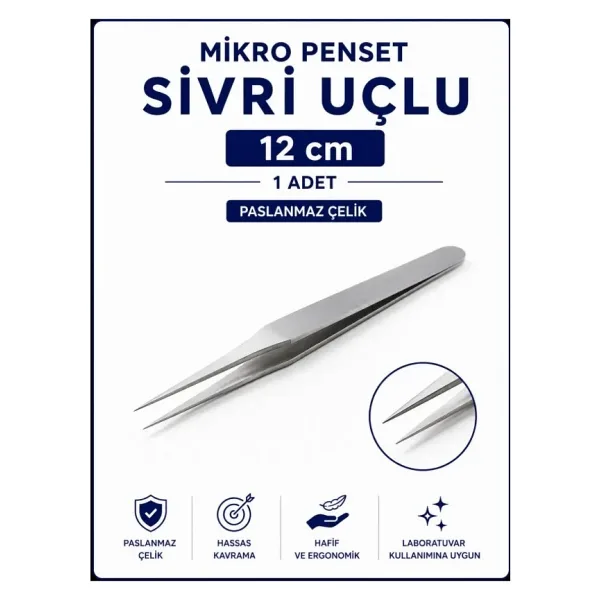Labolist Mikro Penset 12 cm Sivri Uçlu Paslanmaz
