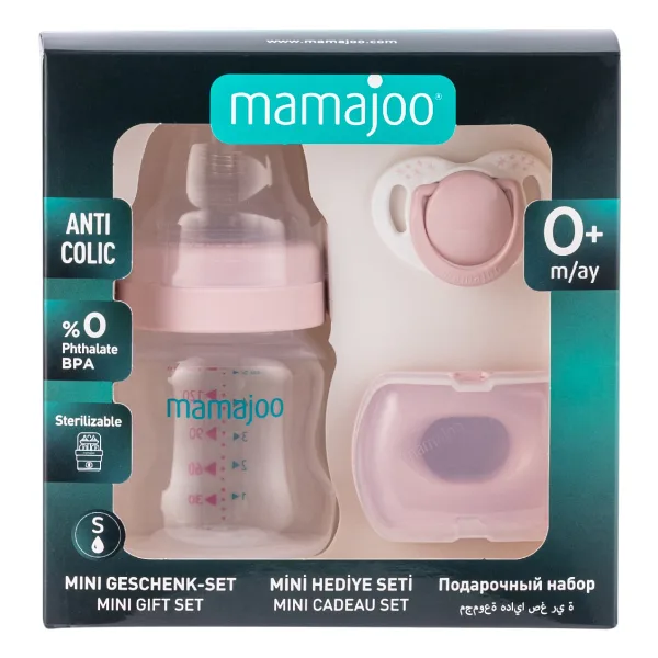 Mamajoo Yenidoğan Hediye Seti Powder Pink Antikolik Biberon 150 ml ve Ortodontik Emzik & Saklama Kabı - Pembe