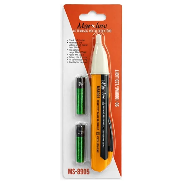 Marxlow MS-8905 90-1000VAC Temassız Işıklı Sesli Faz Kontrol Kalemi - Voltaj Dedektörü