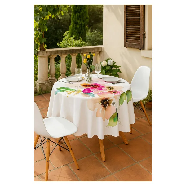Mira Home Yuvarlak Pastel Çiçek Desenli Duck Kumaş Masa Örtüsü 150x150 Cm