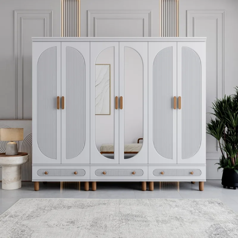 Monzıo Milen 6 Kapaklı Çekmeceli Gardırop Tamamı Mdf (Beyaz)