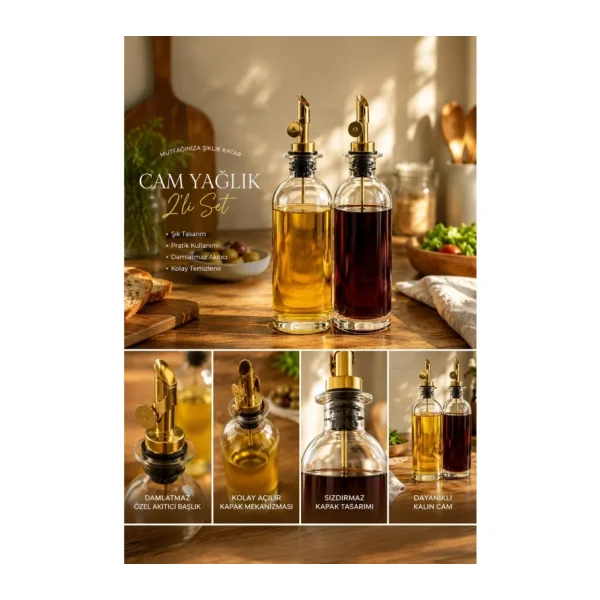 Porsima 3890 Gold Sızdırmaz Kapaklı Cam 2li Yağlık Sirkelik Yağdanlık Seti 500+500 ml