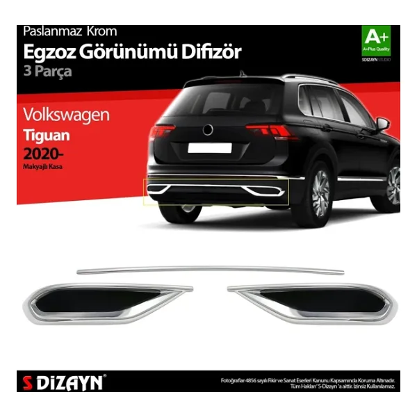 S-Dizayn Vw Tiguan Krom Egzoz Görünümü Difüzör 3 Parça 2020-2024 A+Kalite